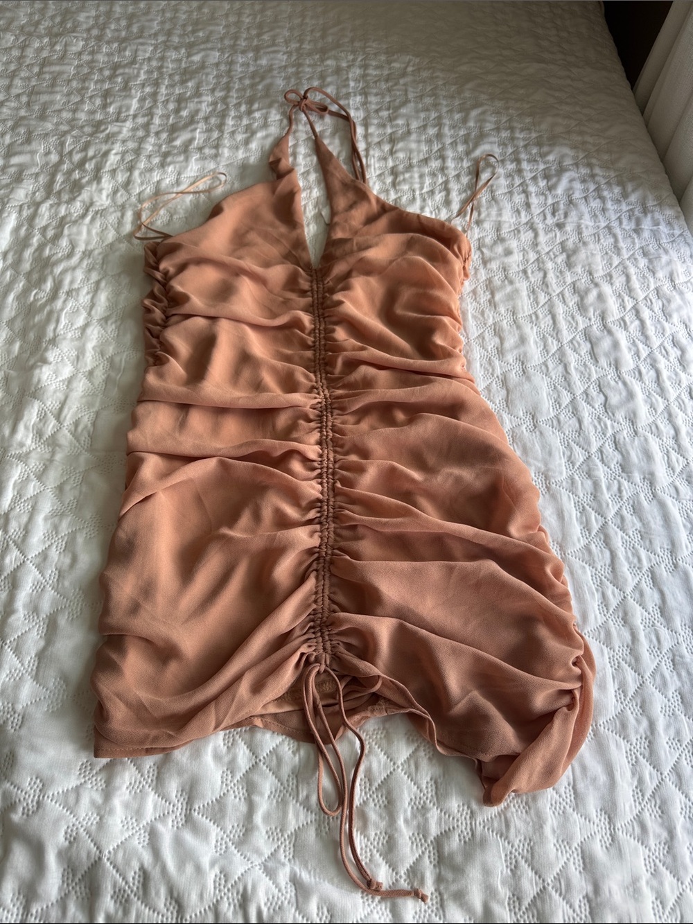 Cotton Candy Peach Ruched Drawstring Halter Mini - Picture 1 of 5